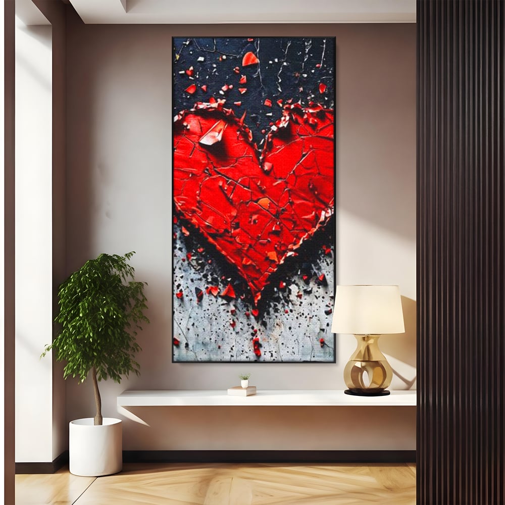 Tablou canvas cu tablou canvas cu o inima rosie crapata, in rama de aluminiu negru